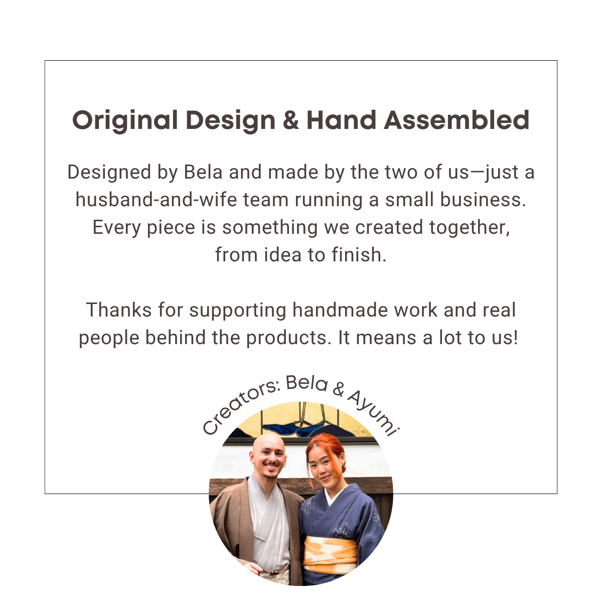Text about handmade products by Bela and Ayumi, with a photo of two people.